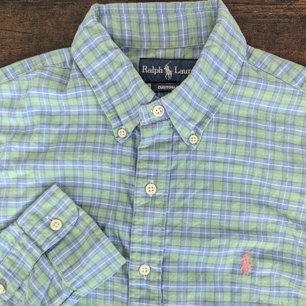 Ralph Lauren Button Down Shirt Blue Green Plaid Custom Fit Med Pink Pony Preppy